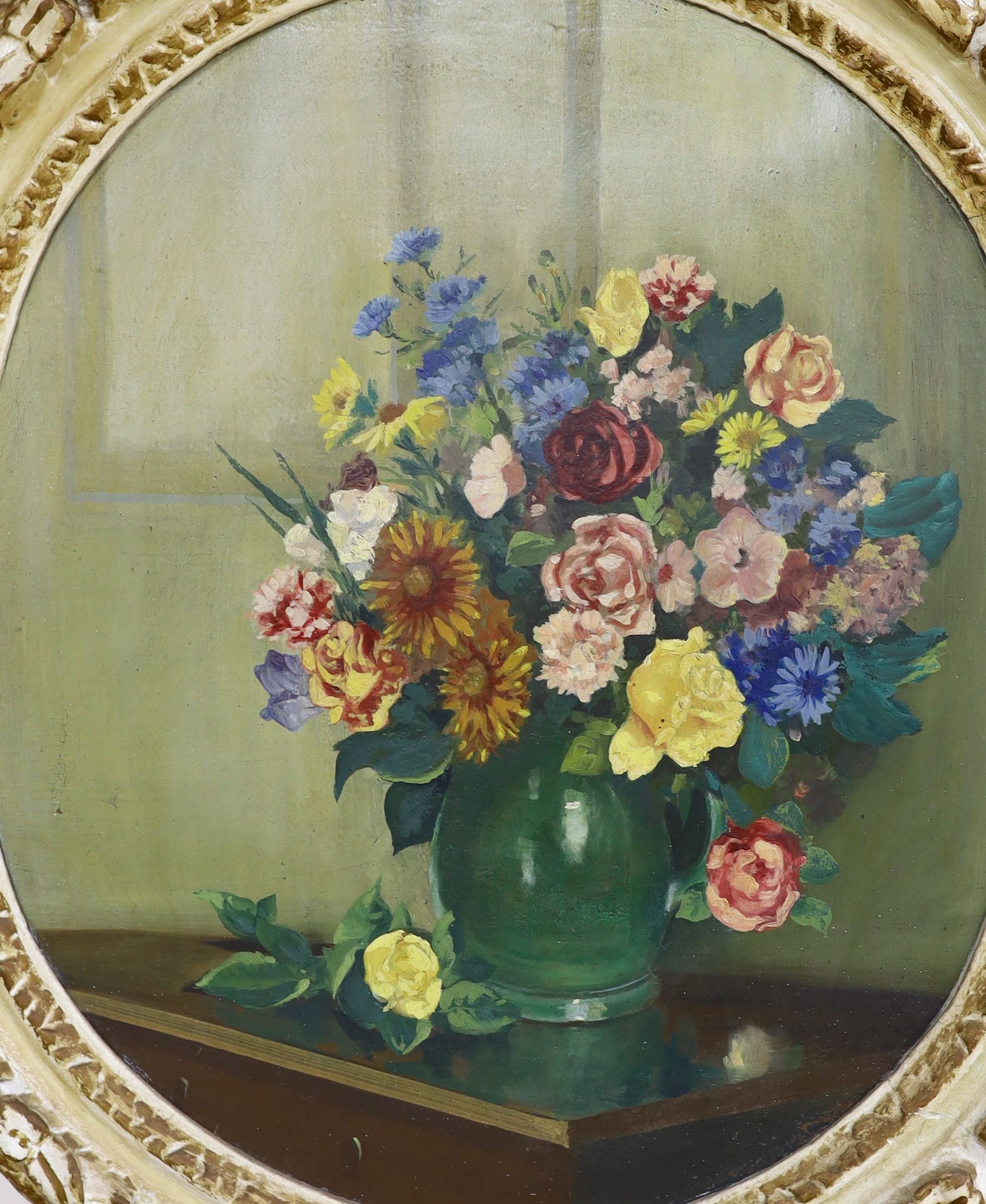 English School, oil on canvas, Still life of flowers in a green vase, oval, 70 x 60cm